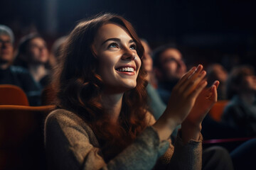 Closeup amazed woman applauding at movie premiere in dark hall. Portrait of smiling girl enjoying film in movie theater. Generative AI