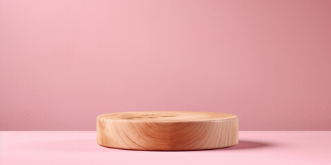 Round wooden saw cut cylinder shape on pink background abstract background. Minimal box and geometric podium