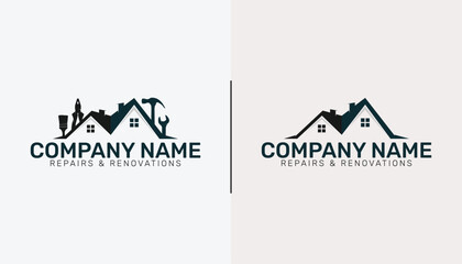 home renovation, roofing and repair logo with handyman tools and house roof, real estate and property vector