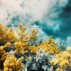 Fototapeta na wymiar yellow bush with yellow bloom flowers on a blue sky background