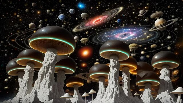 Magic mushrooms expanding into the galaxy reflecting stars, a.i. generated