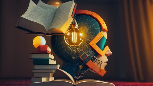 Colorful mind on books. Ideas and knowledge concept illustration. Generative ai