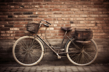 Fototapeta na wymiar Vintage Bicycle leaning against a Brick Wall - Discover a vintage bicycle leaning against a weathered brick wallVintage Bicycle leaning against a Brick Wall - Disco Generative Ai Digital Illustration