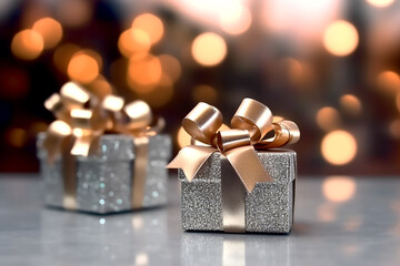 Silver gift boxes with golden bows on the background of bokeh effect. Generative AI