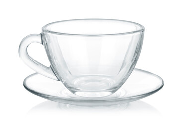 Glass cup and saucer isolated on white background