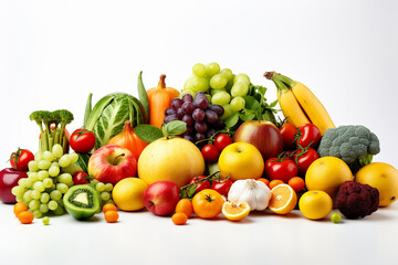 Naklejka na ściany i meble Assortment of fresh fruits and vegetables on white background background generative AI technology