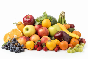 Naklejka na ściany i meble Assortment of fresh fruits and vegetables on white background background generative AI technology