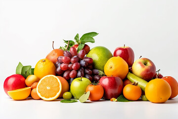 Fototapeta na wymiar Assortment of fresh fruits and vegetables on white background background generative AI technology