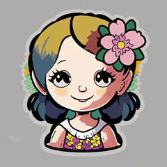 Fototapeta premium A cute girl with flowers creative logo comic style