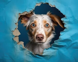 The head of dog through a hole on a torn paper background. Horizontal studio image, copy space. Concept of spy, curiosity and snoop - obrazy, fototapety, plakaty