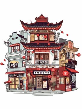 illustration of China town, line art style - Generated by Generative AI