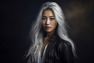 Asian Woman Portrait with long white hair AI-Generated, not real person