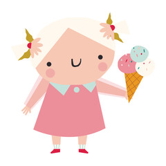 cute cartoon girl with white hair and in a pink dress with ice cream in her hands.  isolated vector illustration