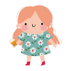 cute cartoon girl with red hair and in a blue dress with ice cream in her hands.  isolated vector illustration