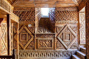 The Recreation Room of Pasha, wooden carved room with ottoman style ornaments in Akhaltsikhe (Rabati) Castle in Georgia. - obrazy, fototapety, plakaty