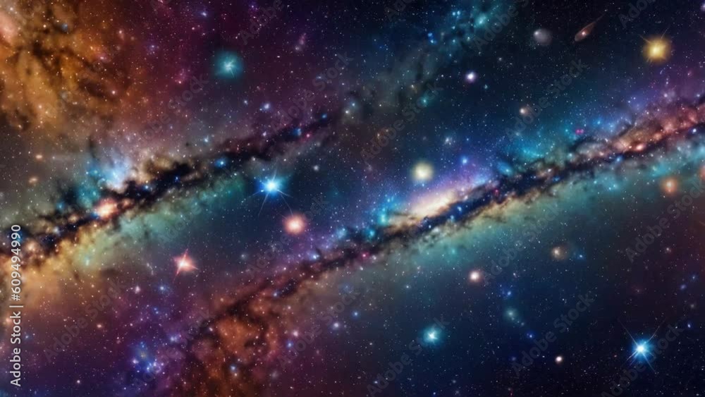 Poster dramatic space view moving through universe galaxies stars and nebulae. generative ai