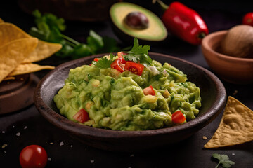 Plate of guacamole with surrounding ingredients and tortilla chips , IA generativa