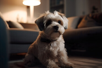 Small breed dog in living room, IA generativa