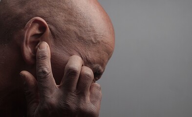 man suffering from deafness and hearing loss on grey background with people stock photo