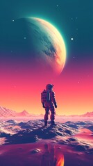 Astronaut on an alien planet. exploration of the science fiction universe.