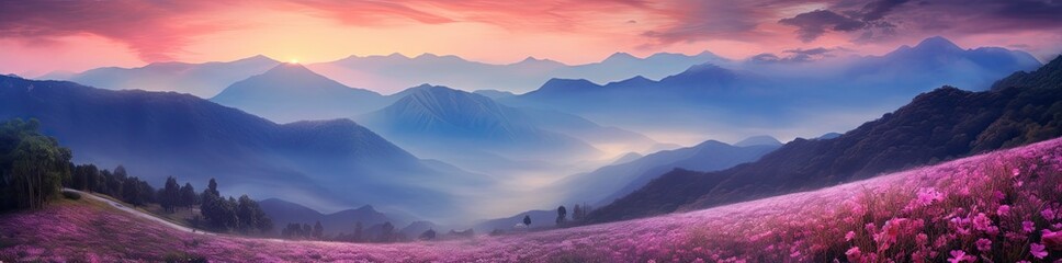 Romantic Beauty of a 3D Pink Flower Garden and Foggy Mountain Landscape generated by AI