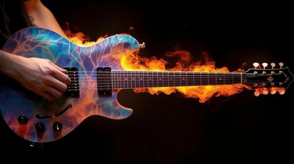 Naklejka premium Dark Guitar with Glowing Color Effect on a Black Background generated by AI
