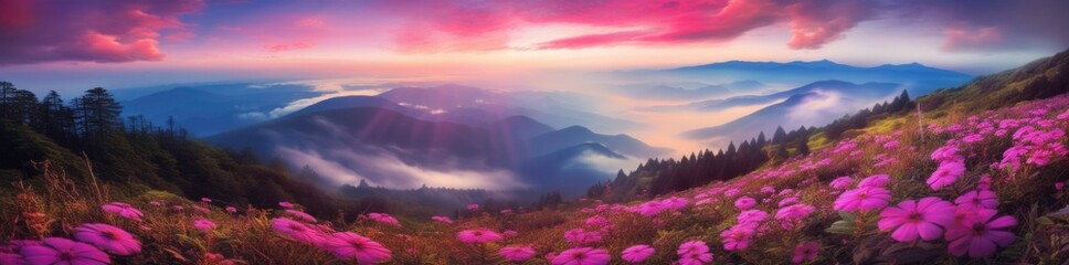 Fototapeta na wymiar 3D Illustration of a Pink Flower Field with Mountain View generated by AI