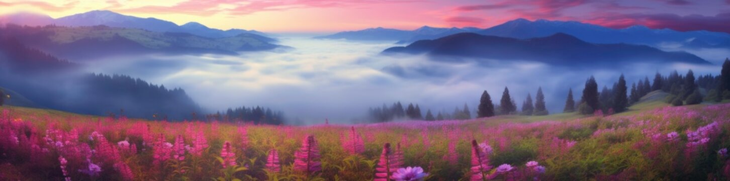 Dreamy Nature of a 3D Pink Flower Farm and Sunny Mountain Peaks generated by AI © Ministry of Images