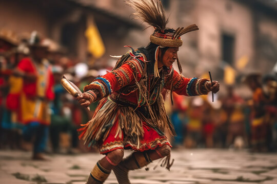 A man dressed in a native american costume. Generative AI. Inti Raymi in Cusco, Peru, festival for the Inca sun god.