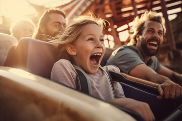 A family enjoying a thrilling roller coaster ride at a theme park, vacation, bokeh Generative AI - obrazy, fototapety, plakaty