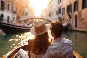 A couple enjoying a romantic gondola ride through picturesque canals, vacation, bokeh Generative AI - obrazy, fototapety, plakaty