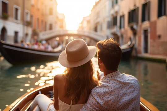 Naklejka A couple enjoying a romantic gondola ride through picturesque canals, vacation, bokeh Generative AI