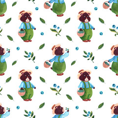 Seamless watercolor pattern with blueberry and cute bear on white chekered background in nursery style