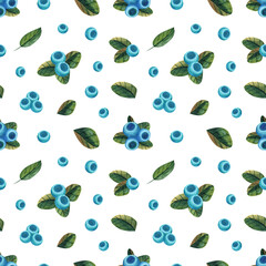 Seamless watercolor pattern with blueberry and leaves on white background