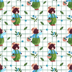 Seamless watercolor pattern with blueberry and cute bear on white chekered background in nursery style