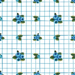 Seamless watercolor pattern with blueberry and leaves on white chekered background in nursery style