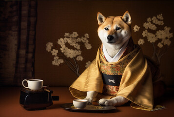 Shiba Inu dog in traditional japanese clothing. Generative AI