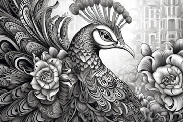 Fototapeta premium Cute peacock. Doodle style, black and white background. Funny bird, coloring book pages. Generative AI.