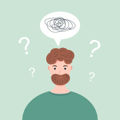Bearded man with confused thoughts. The unhappy man has confused thinking. The depressed man has memory problems. Doubting man. Searching and thinking concept. Concept of mental disorder or illness