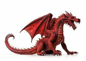 A red dragon standing isolated on a white background with wings spread. Generative AI artwork.
