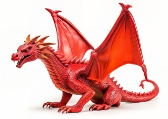 A red dragon standing isolated on a white background with wings spread. Generative AI artwork.