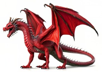 A red dragon standing isolated on a white background with wings spread. Generative AI artwork.