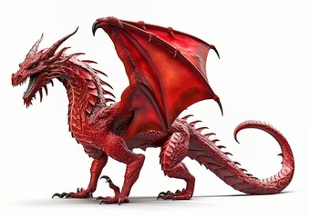 A red dragon standing isolated on a white background with wings spread. Generative AI artwork.