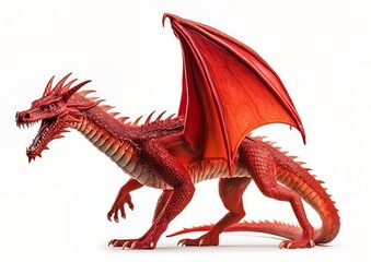 Fototapeta na wymiar A red dragon standing isolated on a white background with wings spread. Generative AI artwork.