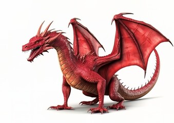 A red dragon standing isolated on a white background with wings spread. Generative AI artwork.