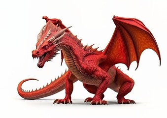 A red dragon standing isolated on a white background with wings spread. Generative AI artwork.