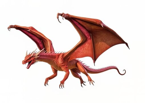 A red dragon in a flying pose on a white isolated background