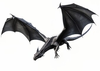 Black dragon flying with wings spread on a white isolated background.
