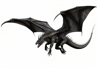 Fototapeta premium Black dragon flying with wings spread on a white isolated background.