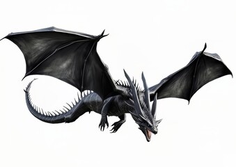 Black dragon flying with wings spread on a white isolated background.
